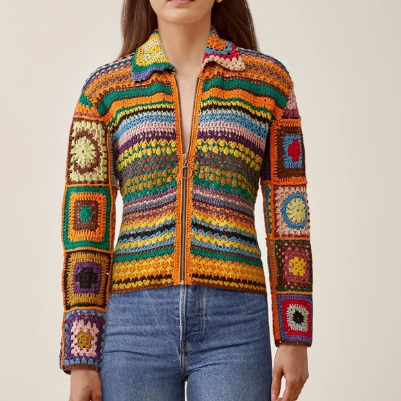 Vtg Express Tricot Sweater cardigan Multicolor Granny Square Crochet Medium - Picture 9 of 10